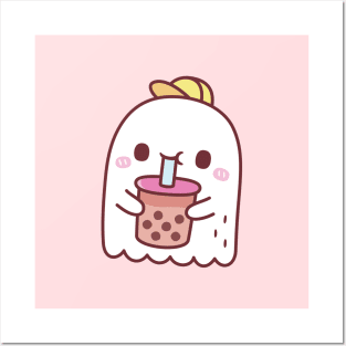 Cute Ghost Drinking Boba Tea Posters and Art